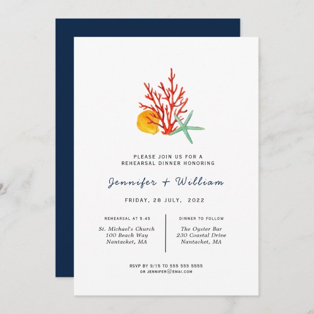 Coral & starfish Rehearsal Dinner Invitation (Front/Back)