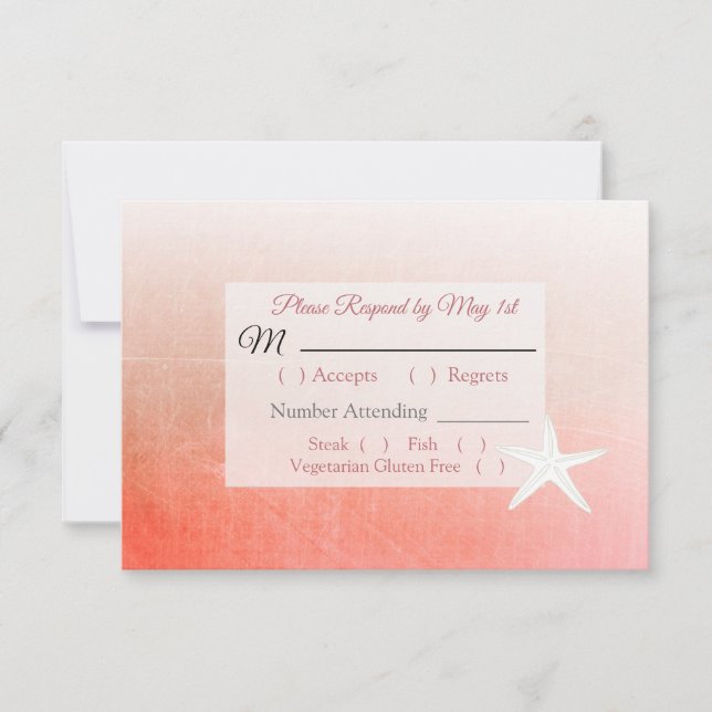 Coral Starfish Tropical Wedding RSVP card (Front)