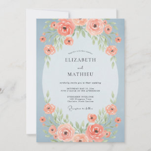 Coral Steel Blue Blossom Wedding Invitation