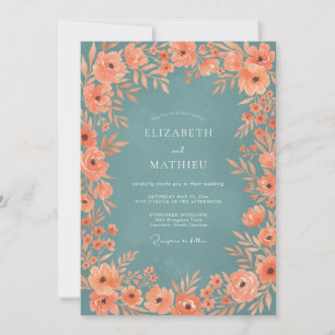 Coral Steel Wildflower Wedding Invitation