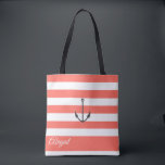 Coral Stripe Nautical Anchor Personalised Tote Bag<br><div class="desc">Nautical anchor on living coral and white stripe background,  personalised bridal party tote bag. Personalise text,  font style,  colour and size. Stripes shown in living coral can be customised to your choice of colour.</div>