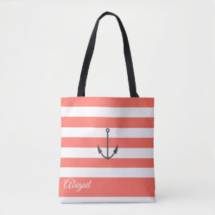 Coral Stripe Nautical Anchor Personalised Tote Bag