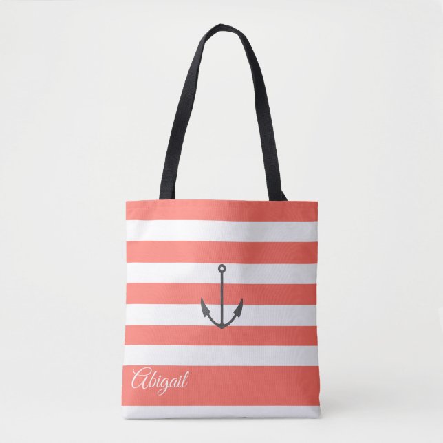Coral Stripe Nautical Anchor Personalised Tote Bag (Front)