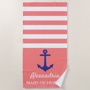 Coral Stripe Nautical Wedding Party Beach Towel
