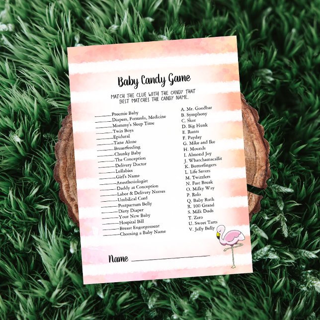 Coral Striped Flamingo Baby Candy Shower Game Invitation (Creator Uploaded)