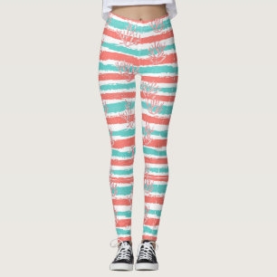 Coral Stripes Coastal Watercolor Pattern Leggings