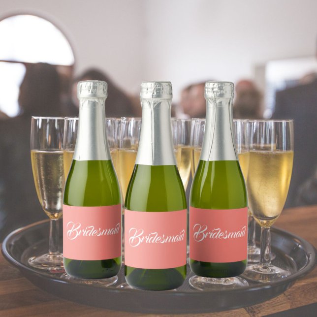 Coral Stylised Script Wedding Bridesmaid Sparkling Wine Label (In Situ Wedding)