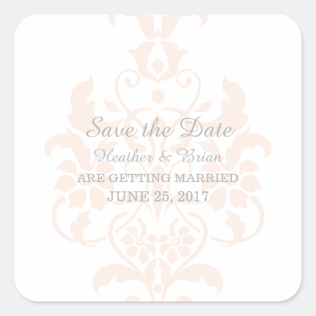 Coral Subtle Damask Save the Date Stickers (Front)