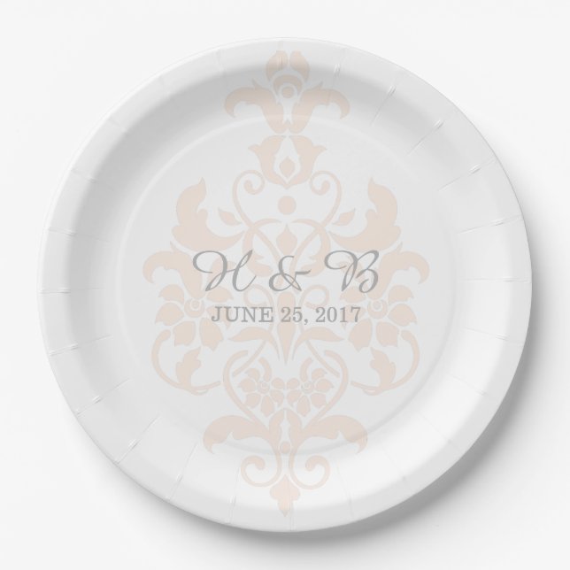 Coral Subtle Damask Wedding Paper Plates (Front)