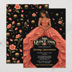 Coral Sunset Floral Princess Quinceañera Invitation