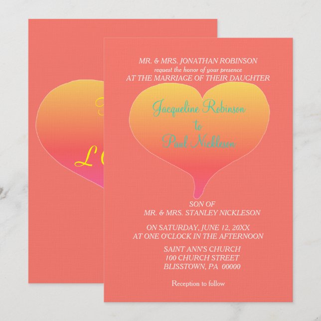 Coral Sunset Hearts Invitation (Front/Back)