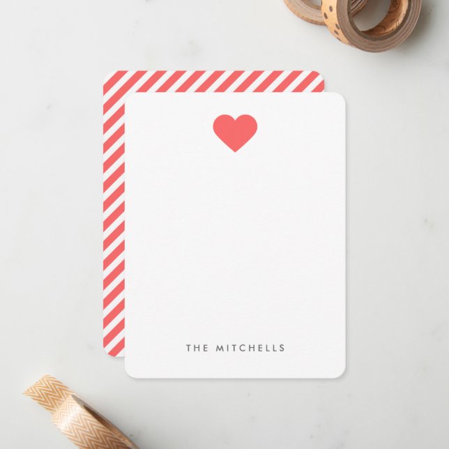 Coral Sweet Heart Monogram Stationery Card (Front/Back In Situ)