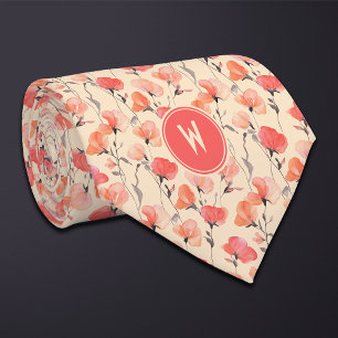 Coral Sweet Peas Floral  Tie