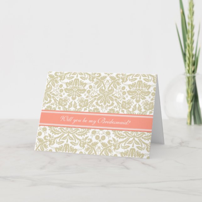 Coral Tan Damask Bridesmaid Invitation (Front)
