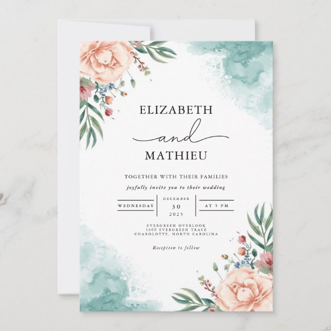 Coral & Teal Bloom Arch Wedding Invitation (Front)