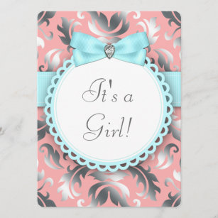 Coral Teal Blue and Grey Baby Girl Shower Invitation