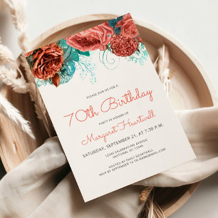 Coral Teal Blue Floral 70th Birthday Party Invitation