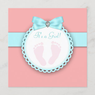 Coral Teal Blue Pink Footprint Baby Shower Invitation
