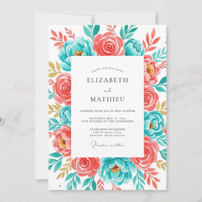 Coral Teal Botanical Bliss Wedding Invitation (Front)