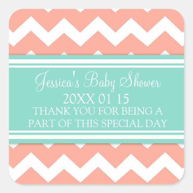 Coral Teal Chevron Baby Shower Favour Stickers (Front)