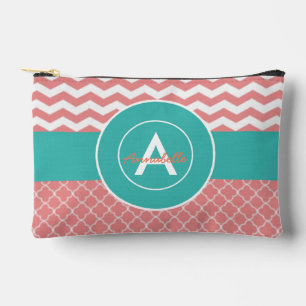 Coral Teal Chevron Quatrefoil Accessory Pouch