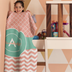 Coral Teal Chevron Quatrefoil Fleece Blanket