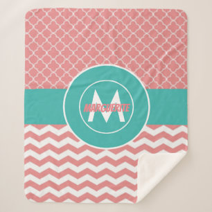 Coral Teal Chevron Quatrefoil Sherpa Blanket