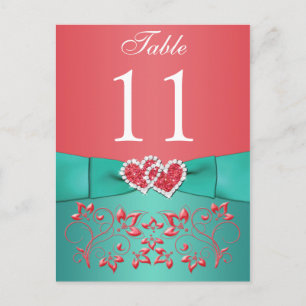 Coral, Teal Floral, Hearts Table Number Post Card