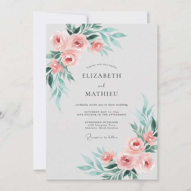 Coral Teal Foliage Eucalyptus Wedding Invitation (Front)