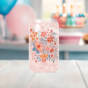 Coral & Teal Garden Blooms on Soft Beige Can Glass