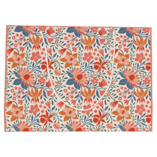 Coral & Teal Garden Blooms on Soft Beige Large Gift Bag