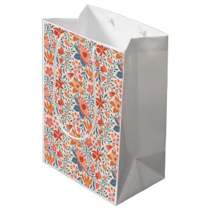 Coral & Teal Garden Blooms on Soft Beige  Medium Gift Bag