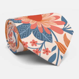 Coral & Teal Garden Blooms on Soft Beige Tie