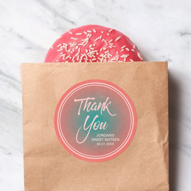 Coral & Teal Gradient Sweet 16 Thank You Classic Round Sticker (Creator Uploaded)