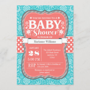 Coral Teal Grey Floral Flower Baby Shower Invite