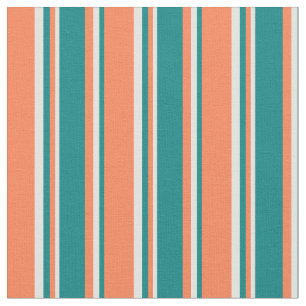 Coral, Teal & Light Cyan Coloured Lined Pattern Fabric