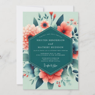 Coral Teal Lush Floral Wedding Invitation