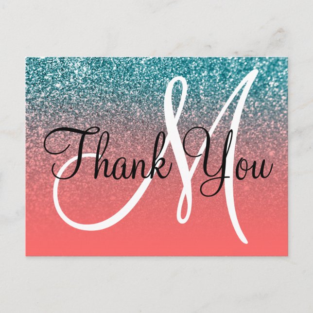 Coral Teal Ombre Glitter Monogram Thank You Postcard (Front)