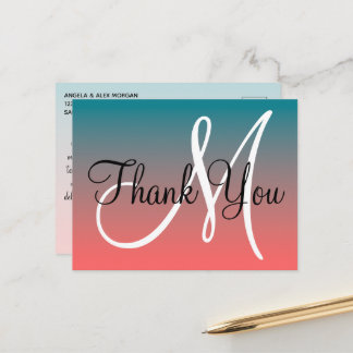Coral Teal Ombre Glitter Monogram Thank You Postcard
