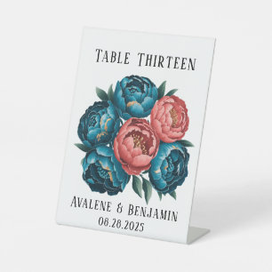 Coral Teal Peony Gold Bouquet Wedding Table Numer Pedestal Sign