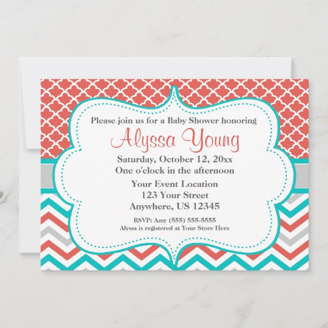 Coral Teal Quatrefoil Chevron Invitation (Front)