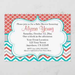 Coral Teal Quatrefoil Chevron Invitation