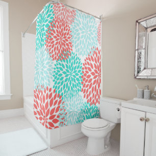 Coral Teal Seafoam Floral bathroom decor, Shower Curtain