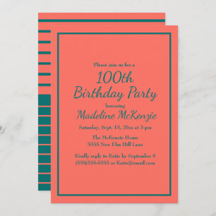 Coral Teal Striped 100th Birthday Party Invite