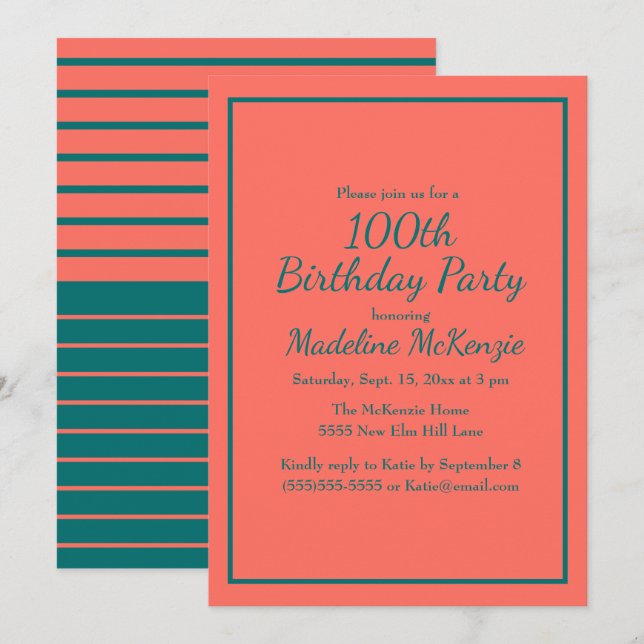 Coral Teal Striped 100th Birthday Party Invite (Front/Back)