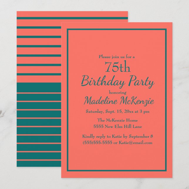 Coral Teal Striped 75th Birthday Party Invite (Front/Back)