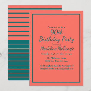 Coral Teal Striped 90th Birthday Party Invite