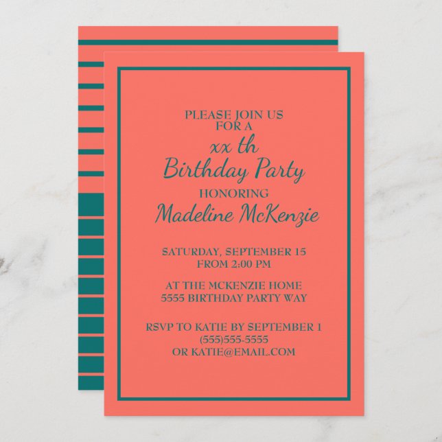 Coral Teal Striped Birthday Party Invite (Front/Back)