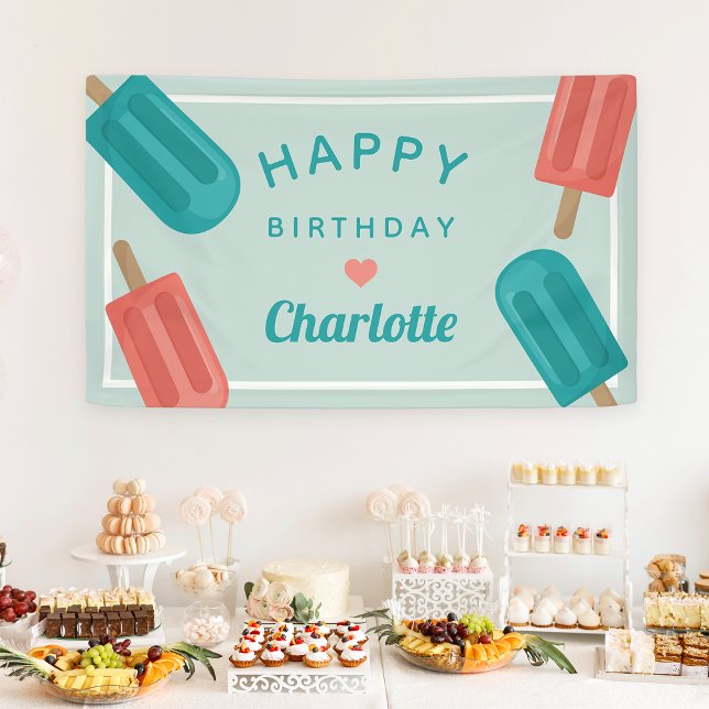 Coral & Teal Summer Popsicle Kids Birthday Banner (Creator Uploaded)