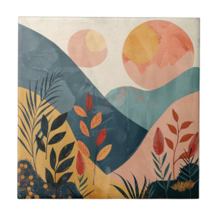 Coral Teal Twin Suns Boho Mountain Landscape Ceramic Tile